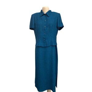 Jessica Howard Petite Green Two-Piece Blue Dress and Short Sleeve Jacket Set Siz